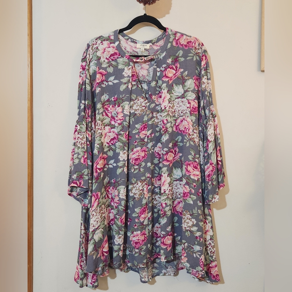 Umgee L Pink Roses Gray Boho Bell Sleeve Trapeze Swing Tunic Mini Dress
